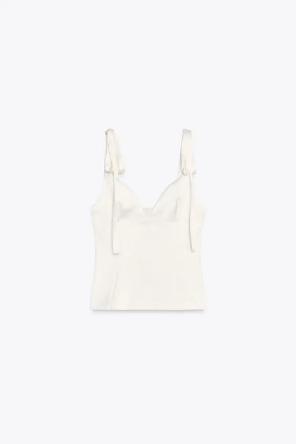 Summer New Women's Simple Style V-neck Sleeveless  Knot Decorated Silk Satin Feel Strap Top Original Design Slim Fit