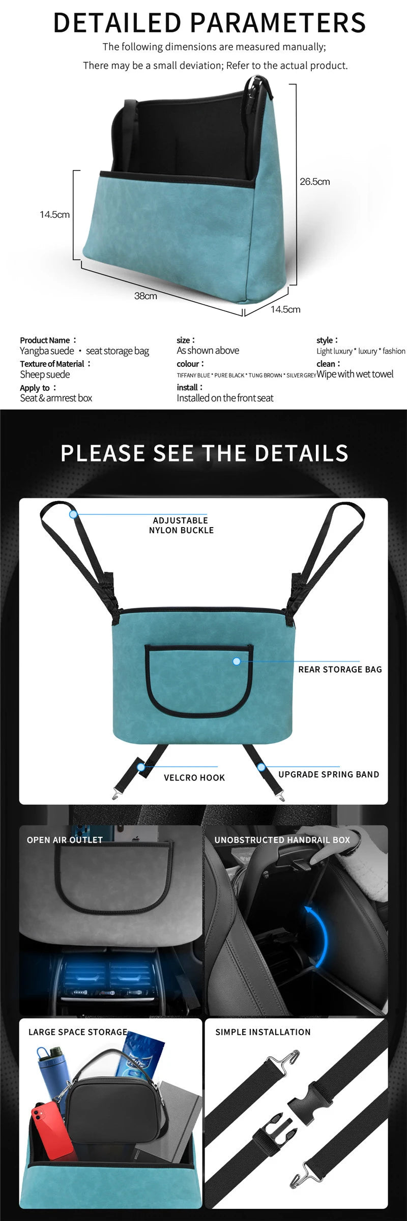 Car Seat Middle Hanging Organizer Multifunction Handbag Holder Storage Bag Car Armrest Hanging Organizer Pocket Phone Storage