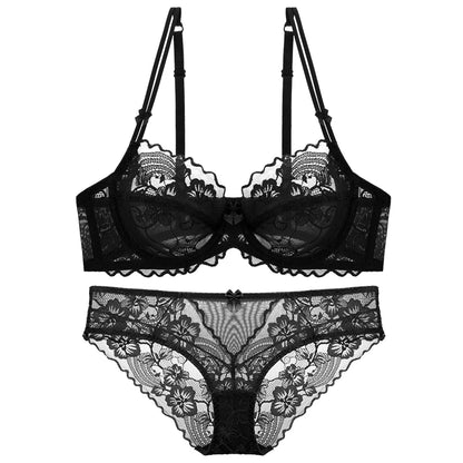 Delicate French Lace Bra Set, Sheer Minimiser Underwire for Lift, Elegant & Breathable Lingerie Large Bust MOYISU Sexy Panty Set