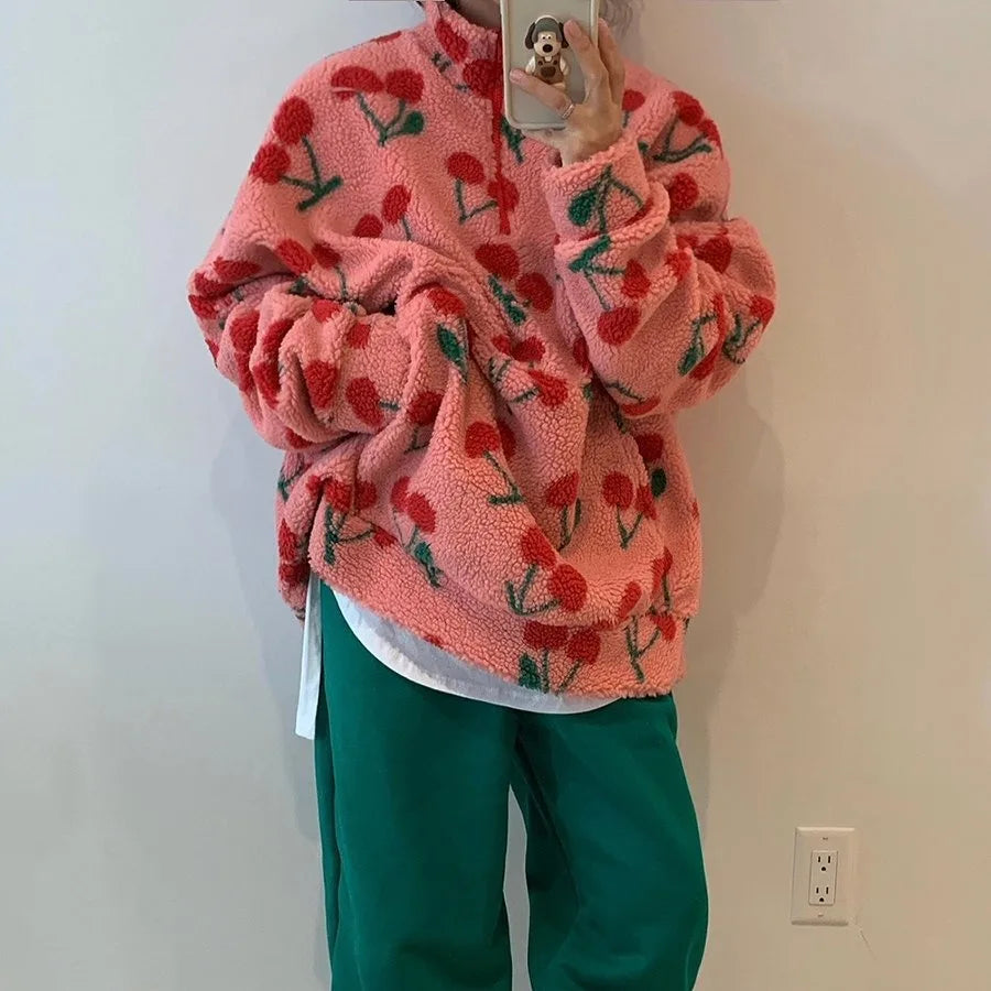 Chic Korean Style Fleece Cherry Hooded Sweater Warm Plush Anti-Aging Overhead Cotton Women's Fashion Winter Clothing