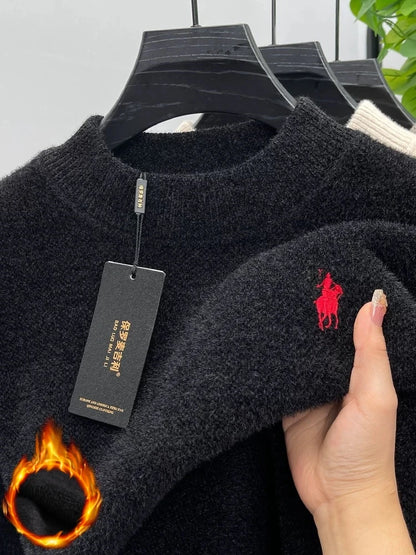 High end brand velvet sweater men's new designer fashion exquisite pony embroidery winter thick warm round neck knitted pullover