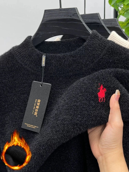 High end brand velvet sweater men's new designer fashion exquisite pony embroidery winter thick warm round neck knitted pullover