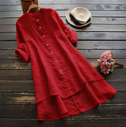 Women's Long Cotton Linen irt Blouse Top Pure Color Stand Collar Button Sve Polyester Fiber Mid-Length Gored Hem