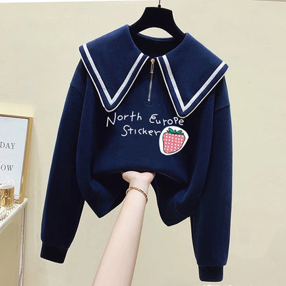 Teenage Girl's Fleece Lined Thickened Navy Collar Sweatshirt Small Size Winter Fashionable Clothing School Sweet Style Zipper