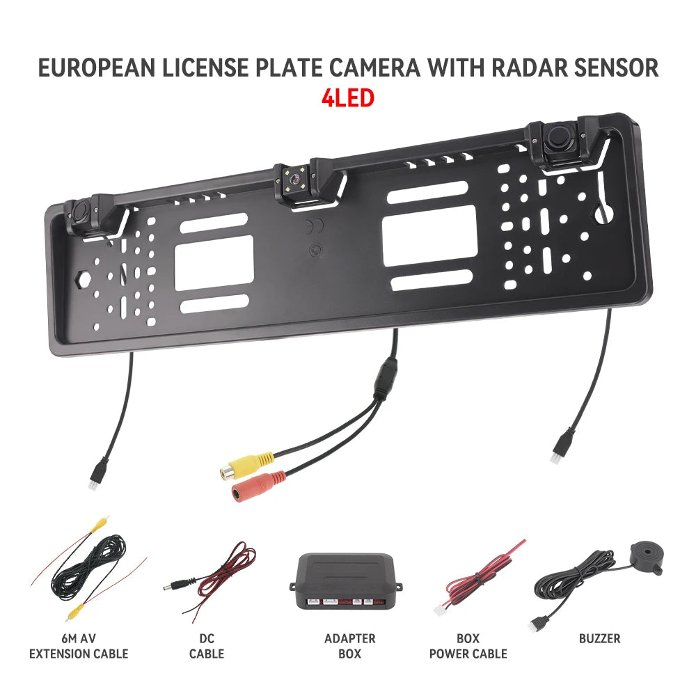 3 in 1 Car Backup Camera and Parking Sensor Kit with EU License Plate Holder, 12V Universal Rear View System with Audio Alerts