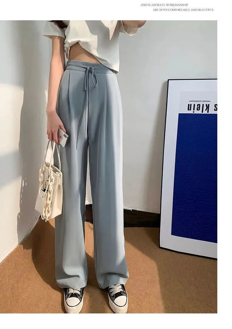 Ice Silk High Waist Wide Leg Pants Women Summer Loose Thin Straight Casual Trousers Korean Style Polyester Fiber Skin-friendl...