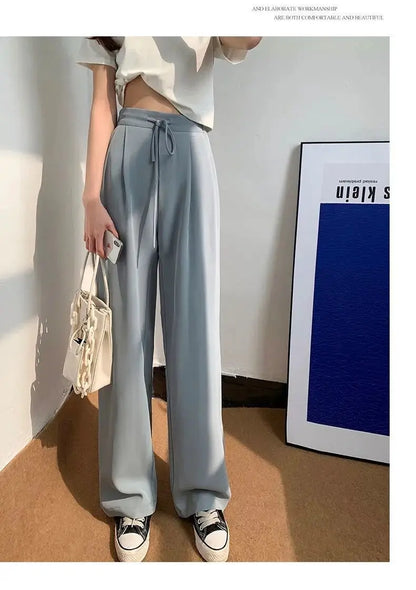 Ice Silk High Waist Wide Leg Pants Women Summer Loose Thin Straight Casual Trousers Korean Style Polyester Fiber Skin-friendl...