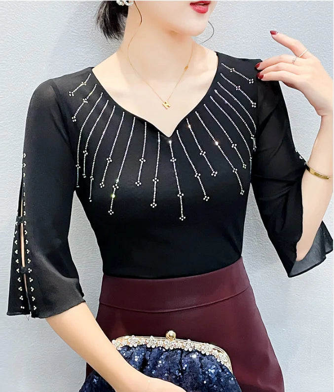2026 Summer Women Tops New Korean Fashion Diamond Mesh T Shirt V-neck Short Sleeved Patchwork Lace Shirt