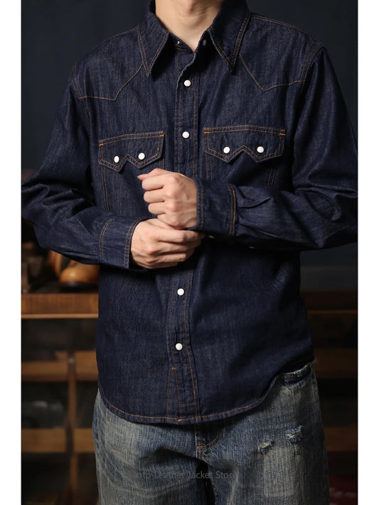 American Retro Western Denim Shirt Raw Denim Washed Casual Pearl Snap Button Western Shirt