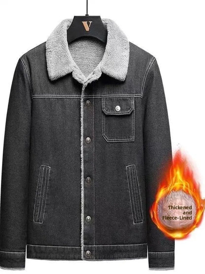 Men's Fleece Lined Thickened Denim Jacket Winter Casual Lapel Workwear Wear Resistant Leisure Coat Sheepskin Fur Vestibule