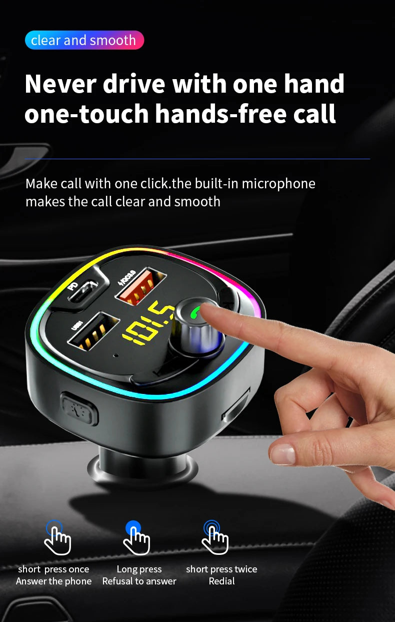 Car FM transmitter, wireless 5.0 QC3.0 & PD 18W USB-C car charger, RGB backlit car receiver, supports hands-free calls, Siri Goo