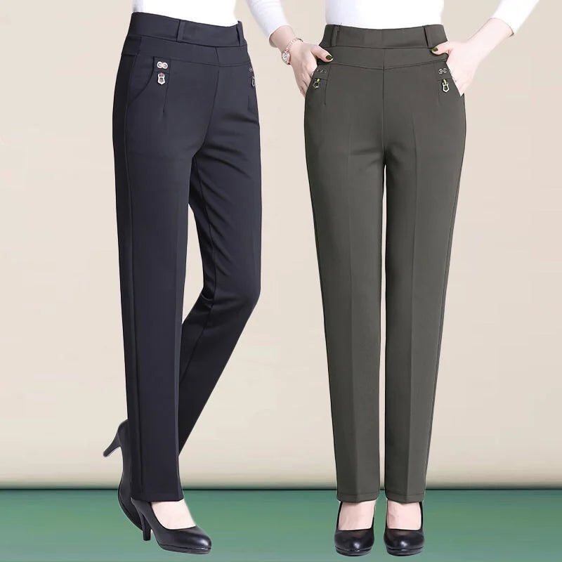High Waist Fleece Lined Slimming Pants for Middle-Aged And Elderly Women Casual Long Pants Straight Leg Elastic Ankle Pants