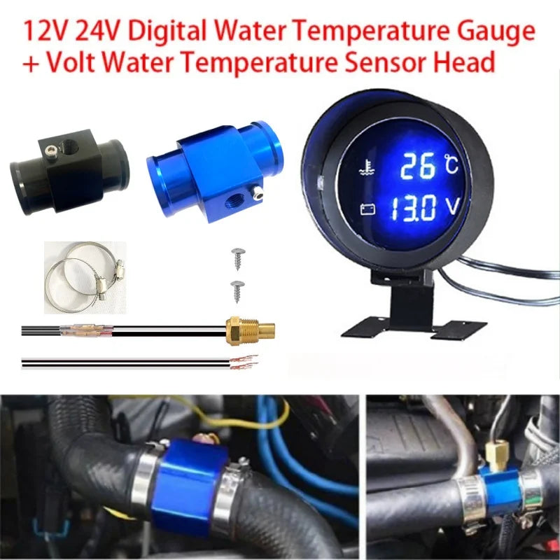 2 in 1 Car Truck Temperature Sensor Round LED Digital Water Temp Gauge Voltmeter Volt Voltage Meter Temperatura Moto For 12V24V