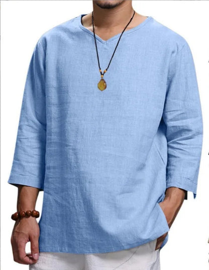 Men's Long Sleeve Loose Shirts Summer Solid Color Casual Shirt High Quality Plus Size V-Neck Shirt Male Clothing 2026