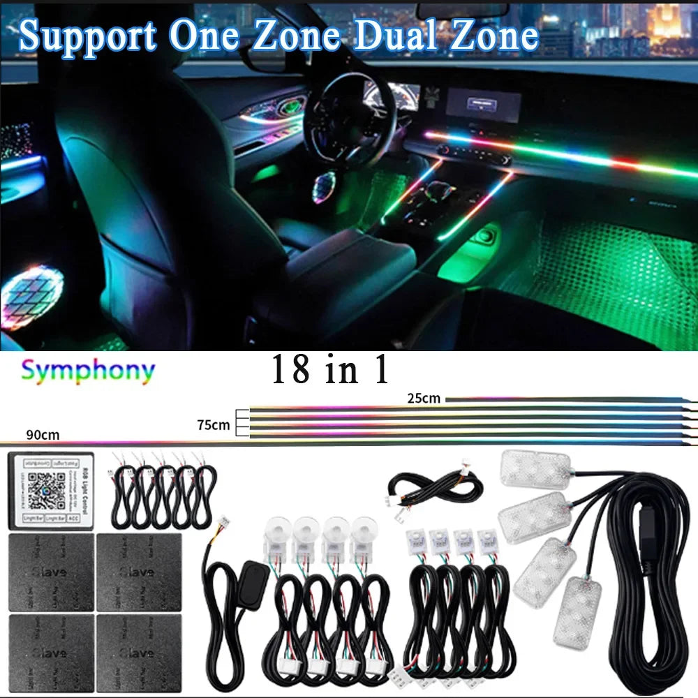 6/14/18 in 1 Led Acrylic Car Ambient Light RGB 64 213 Color Symphony Acrylic APP Streamer Rainbow Atmosphere Lamp Kit Dual Zone