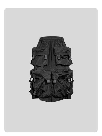 Mauroicardi Spring Summer Cool Handsome Thin Black Nylon Cargo Shorts for Men with Many Pockets Luxury Emo Techwear Clothes 2025