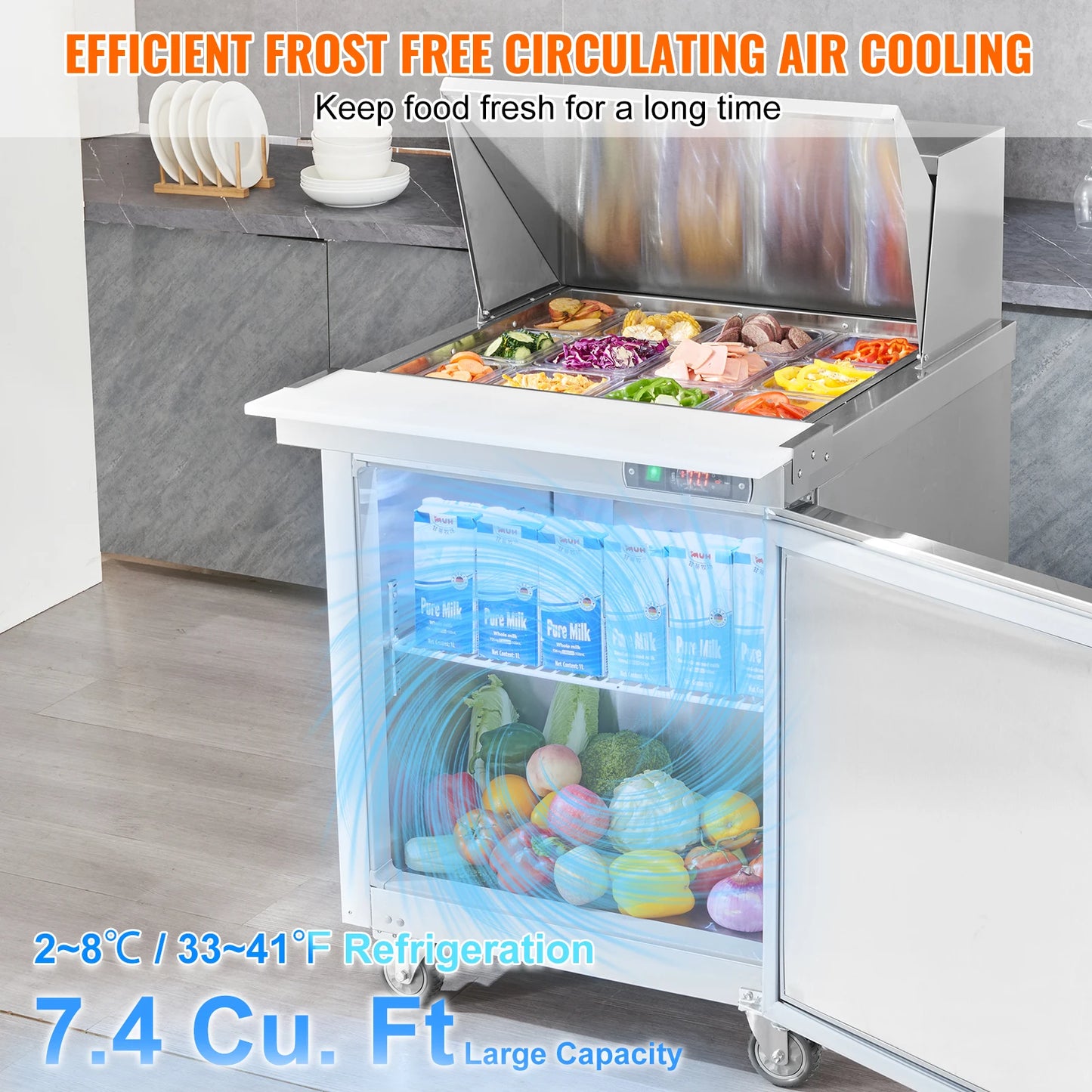 SucceBuy 28" Commercial Refrigerator Sandwich & Salad Prep Table 7.4 Cu. Ft Stainless Steel Refrigerated Food Prep Station