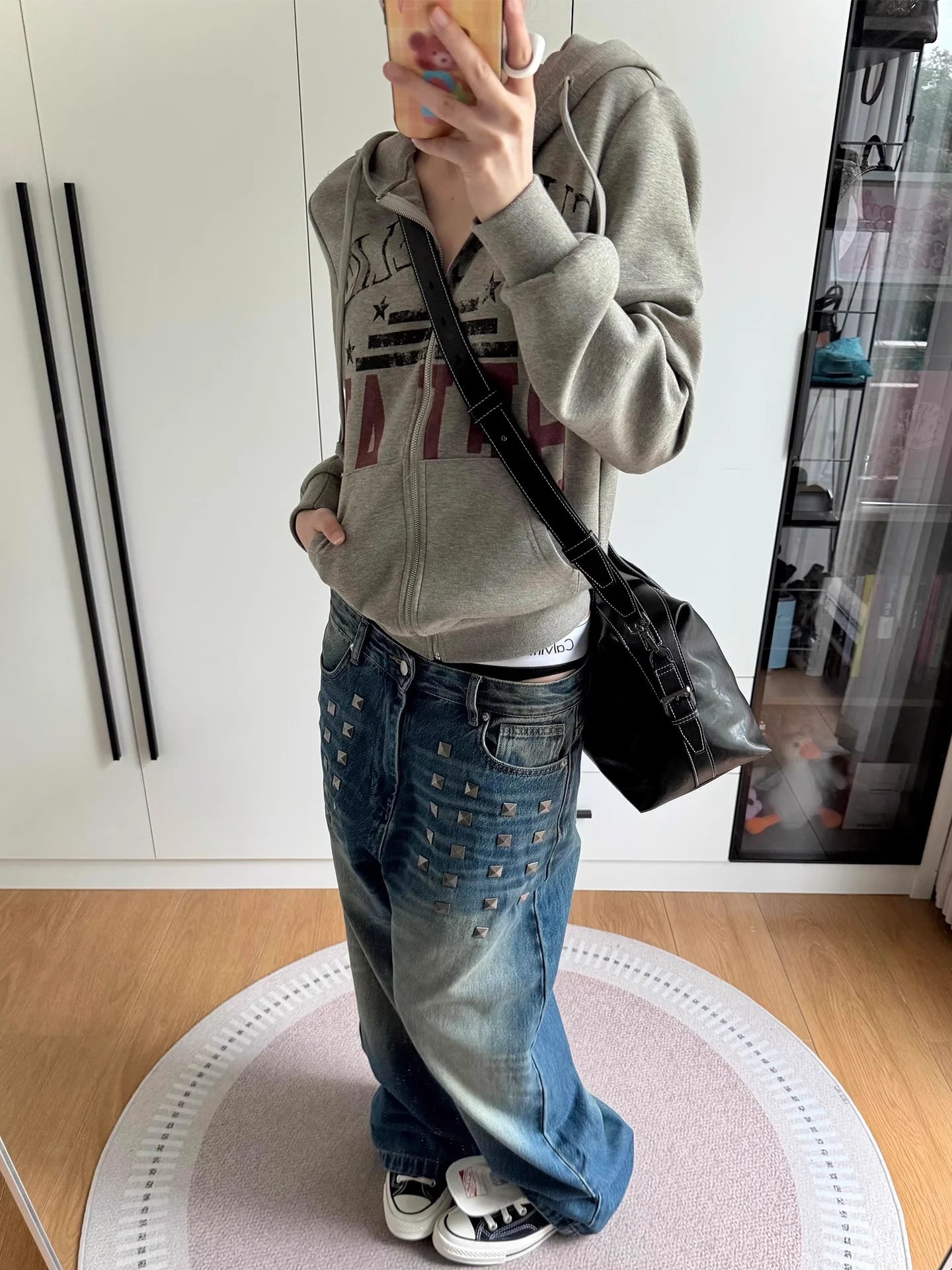 Retro American Washed Square Rivet Straight Leg Jeans Unisex Vintage  Drag Casual Loose Fit Jeans Cotton Polyester Blend