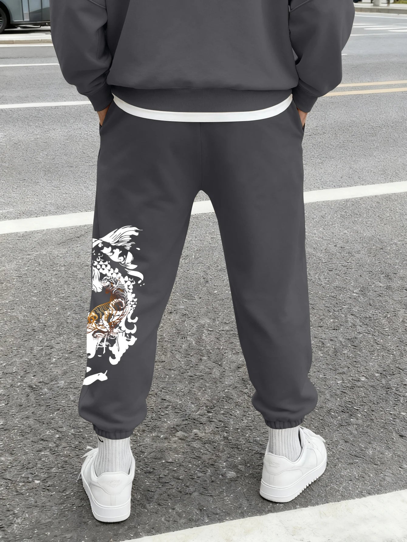 Men's Streetwear Traditional Chinese White Tiger Koi Fish Print Sweatpants Elastic Waist Soft Asian Hip Hop Daily Joggers