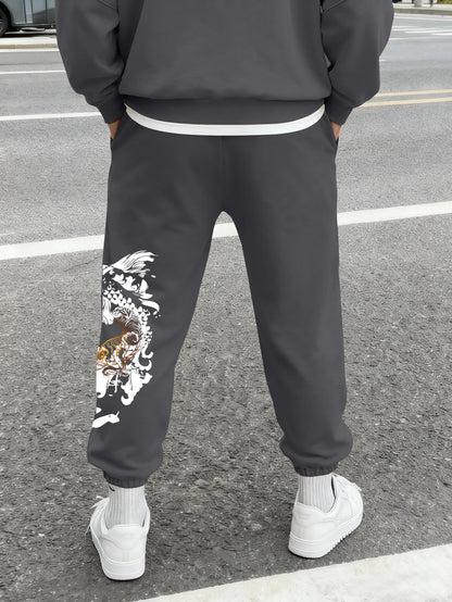 Men's Streetwear Traditional Chinese White Tiger Koi Fish Print Sweatpants Elastic Waist Soft Asian Hip Hop Daily Joggers
