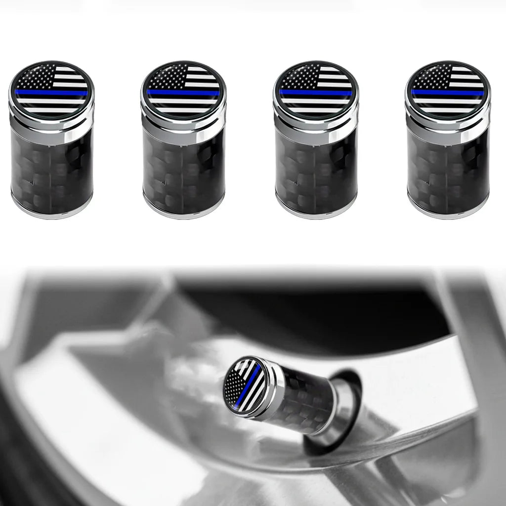 4pcs Carbon Fiber Thin Blue Line Tire Valve Caps, Wheel Decor for Car Accessories, Car Styling Parts