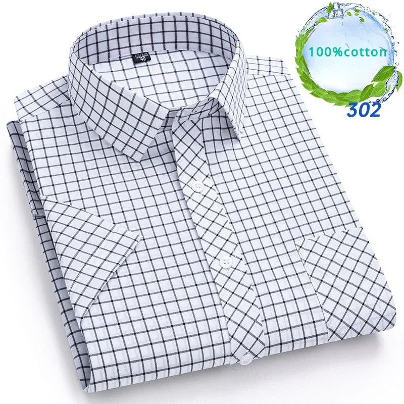 New in Shirt Over Size 100% Cotton Thin Summer Short Sleeve Shirts for Men Slim Fit Plain Shirt Plaid Soft Korean Popular Clothe