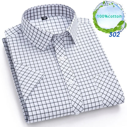 New in Shirt Over Size 100% Cotton Thin Summer Short Sleeve Shirts for Men Slim Fit Plain Shirt Plaid Soft Korean Popular Clothe