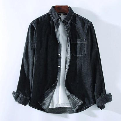 Loose Fit Pure Cotton Long Sleeve Men's Denim Shirt Spring Autumn Casual Style Vintage Trendy Top Outerwear Jacket
