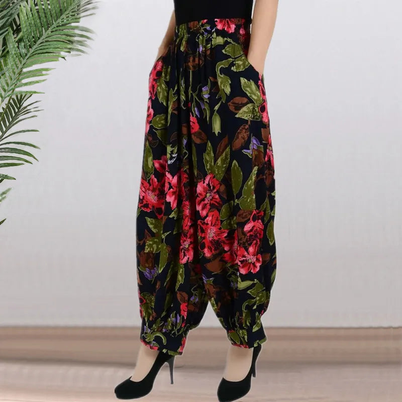 High Waist Lantern Pants Casual Cotton Silk Large Size Printed Long Trousers for Middle-Aged And Elderly Women