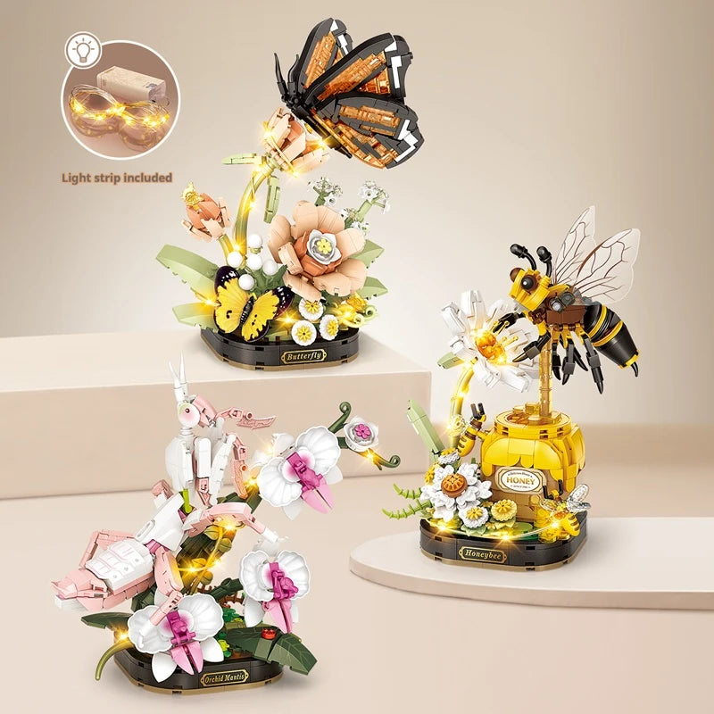 Children's small particle building block toy set insect series 478PCS potted orchid mantis model assembly assembly girl toy gift