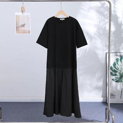 Fashion Women Patchwork Dress Chic Short Sleeve Round Neck Solid Ruffles Female Dress Casual Lady Streetwear Commute Summer 2026