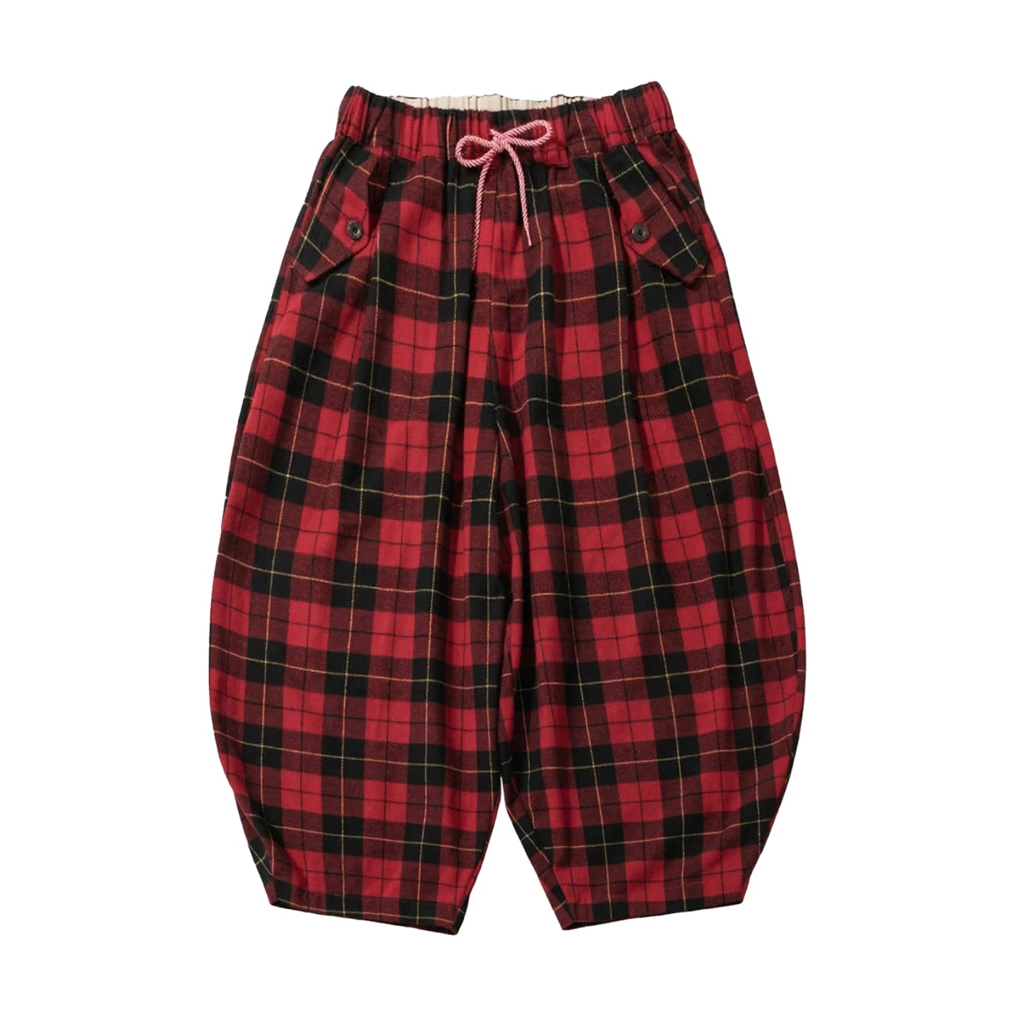 Red - Black Plaid Drawstring Lantern Pants, Retro Hong Kong Style, Daily Outfit, Casual & Free Vibe 255338