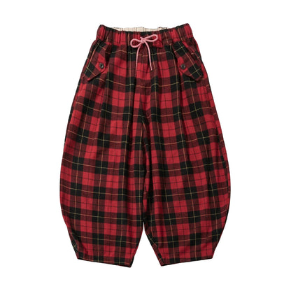 Red - Black Plaid Drawstring Lantern Pants, Retro Hong Kong Style, Daily Outfit, Casual & Free Vibe 255338