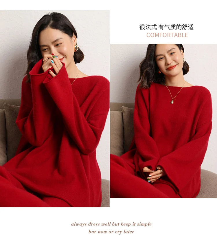 Women's 100% Cashmere Wide Leg Pants Knitted Thick Autumn/Winter Casual Solid Color Elastic Waistband Pockets