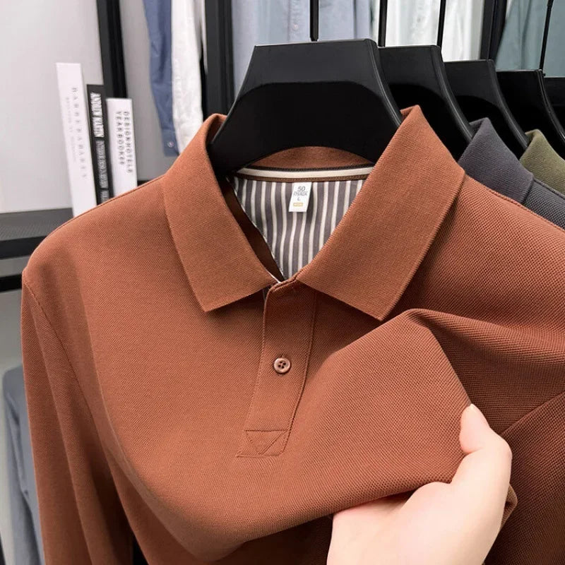Men's casual long sleeved polo shirt autumn new loose solid color classic versatile lapel T-shirt