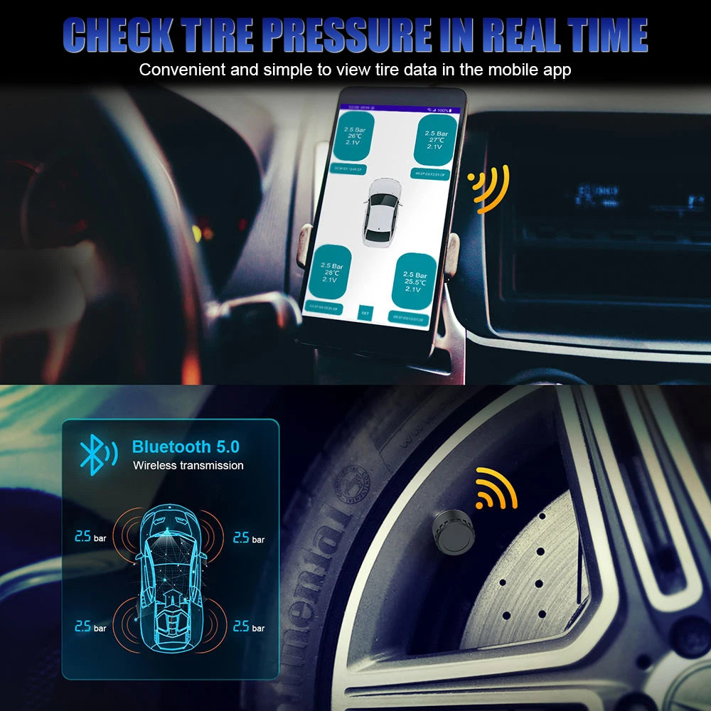 Android/IOS External Mobile Phone APP Display Bluetooth 5.0 Car Tire Pressure Sensors TPMS Tire Pressure Monitoring System