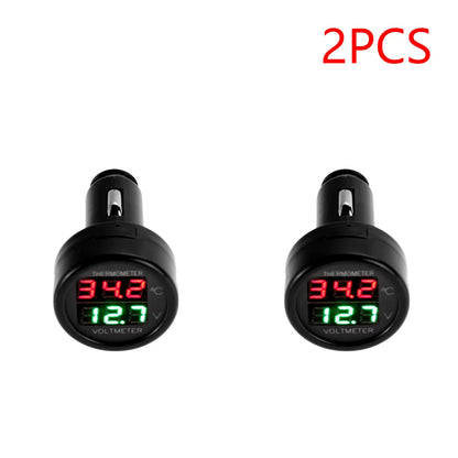 2 IN 1 12V 24V Car Voltmeter Thermometer Cigarette Lighter Car Battery Monitor LED Digital Dual Display For Cars Trucks RVs Boat