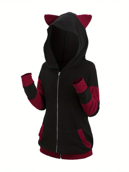 2024 European and American fashion women's new thick cat ears in autumn and winter long color matching hooded sweater coat