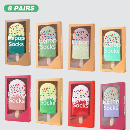 8 pair of mid-calf unisex socks in a novelty ice cream design, a unique and interesting festive gift.