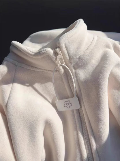 Thickened Fleece Women's Open Cardigan Long Sleeve Sweatshirt Lazy Style Loose Fit Warm Stand Collar Autumn Winter Outerwear