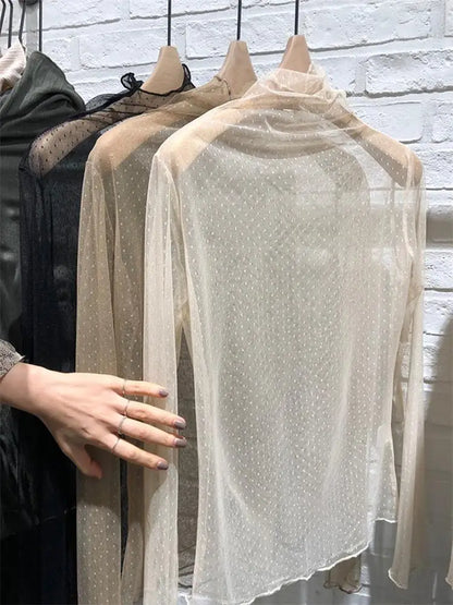 Women's Lace Base Shirt Thin Long Sleeve Half High Collar Inner Wear Spring Autumn New Style Mesh Top Wood Grain  Design