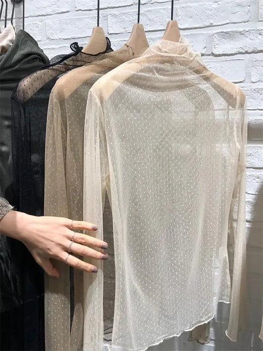 Women's Lace Base Shirt Thin Long Sleeve Half High Collar Inner Wear Spring Autumn New Style Mesh Top Wood Grain  Design