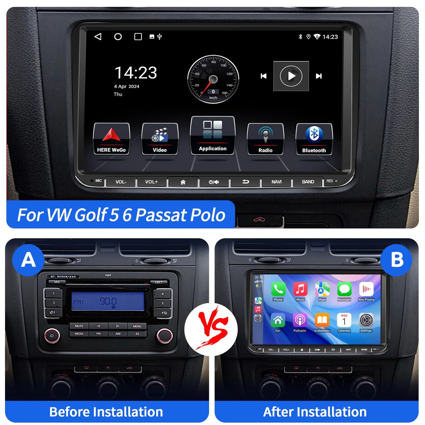 9" Android 15 4+64Gb for Vw Golf Mk5 Mk6 Passat Polo Touran Tiguan Caddy Car Stereo Radio Wifi Carplay Gps Navi Fm Bt+Dvr&Ahd