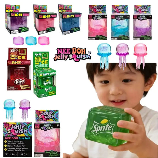 Schylling Nee Doh Jellyfish & Cube Squish Toy, Soft Jelly Squeeze Stress Relief Fidget Toy, Sensory NeeDoh for Kids & Adults