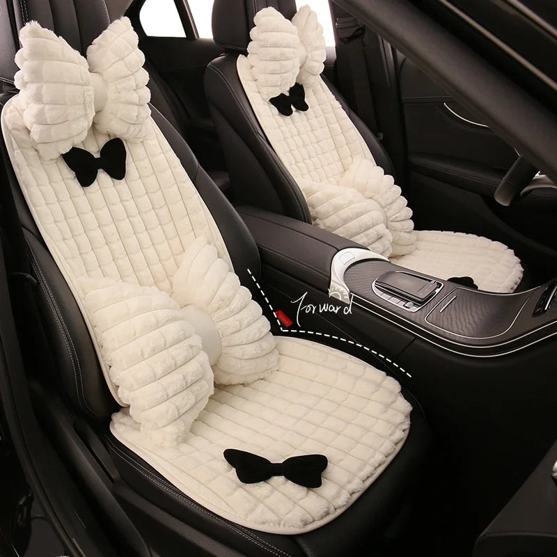Bowknot Women's Car Seat Cover Winter Plush Warm Girl Cute Car Cushion Pink Bow Headrest Waist Car Interior Accessories