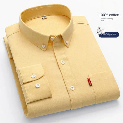 100% Pure Cotton Men's Solid Color Long Sleeve Shirt Youth Casual Cotton Oxford Spun Large Size Shirt Men's