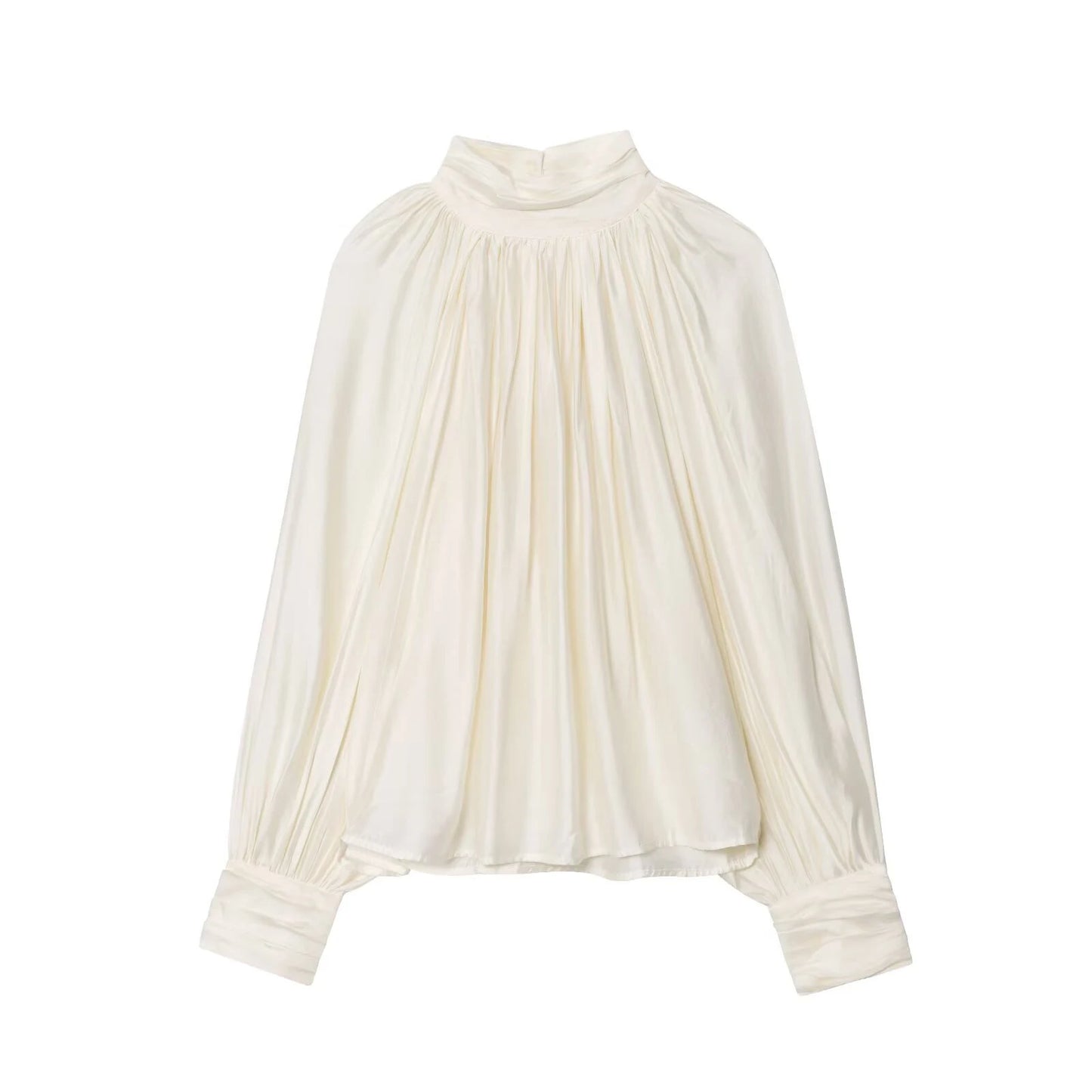 Spring new women's clothing minimalist style stand up collar shoulder inserted lantern long sleeved pleated top