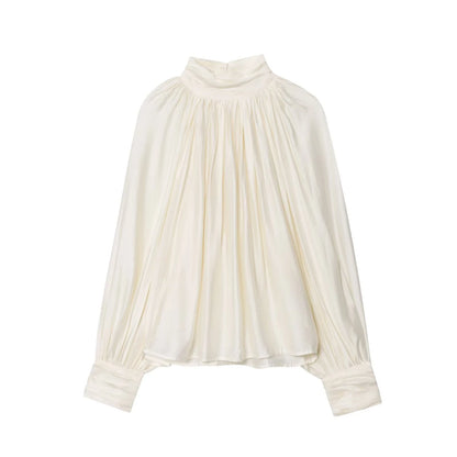 Spring new women's clothing minimalist style stand up collar shoulder inserted lantern long sleeved pleated top