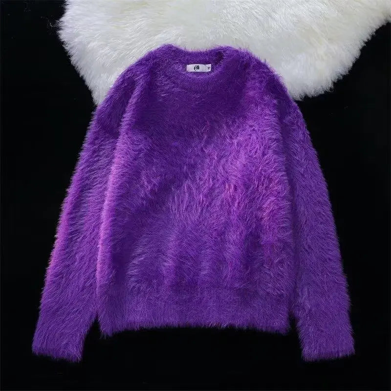 Winter faux mink fur soft and sticky solid color sweater with a high-end feel, men's and women's long sleeved warm round neck kn