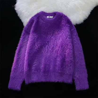 Winter faux mink fur soft and sticky solid color sweater with a high-end feel, men's and women's long sleeved warm round neck kn